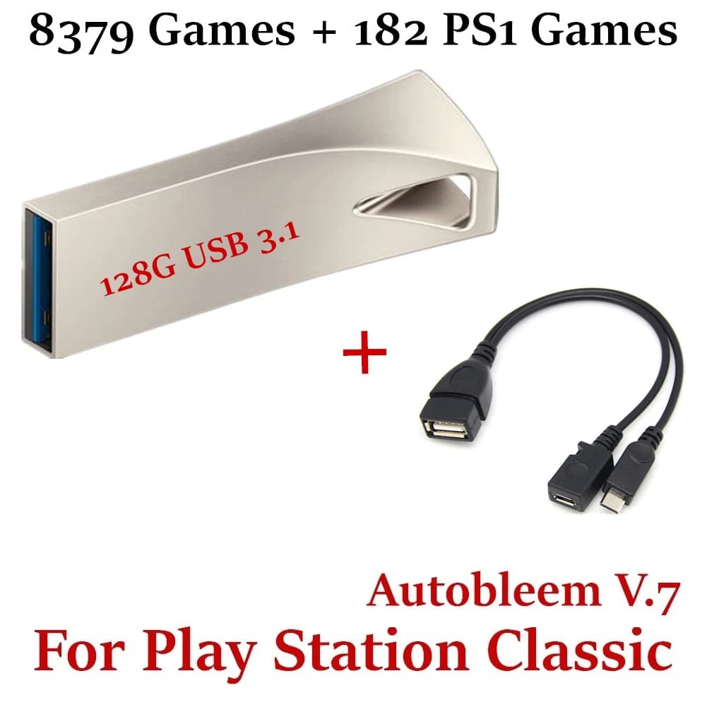 Clé USB 128 Go U-Disk pour jeux PlayStation Classic 8379 + 182 jeux PS1 Plug & Play avec câble Micro