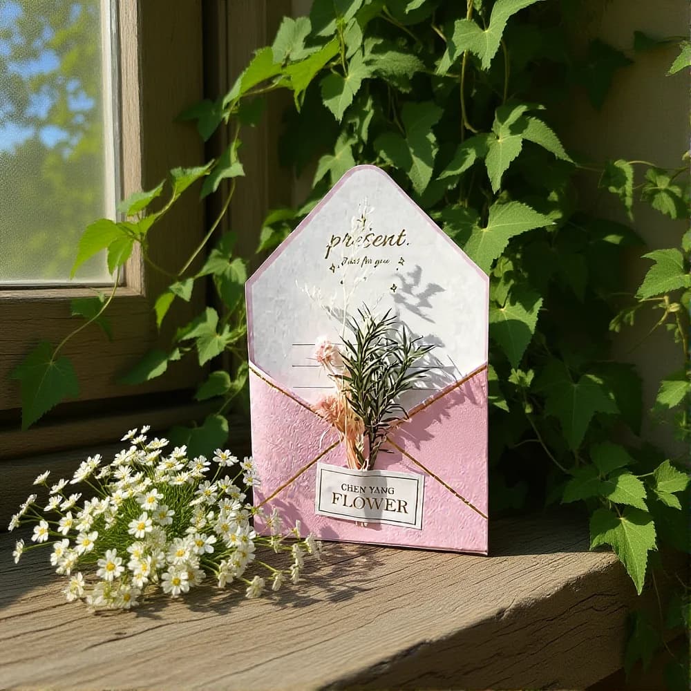 Carte de vœux avec fleurs séchées, estampage doré élégant, enveloppe rose, carte commémorative pour invitation, cadeau de fête