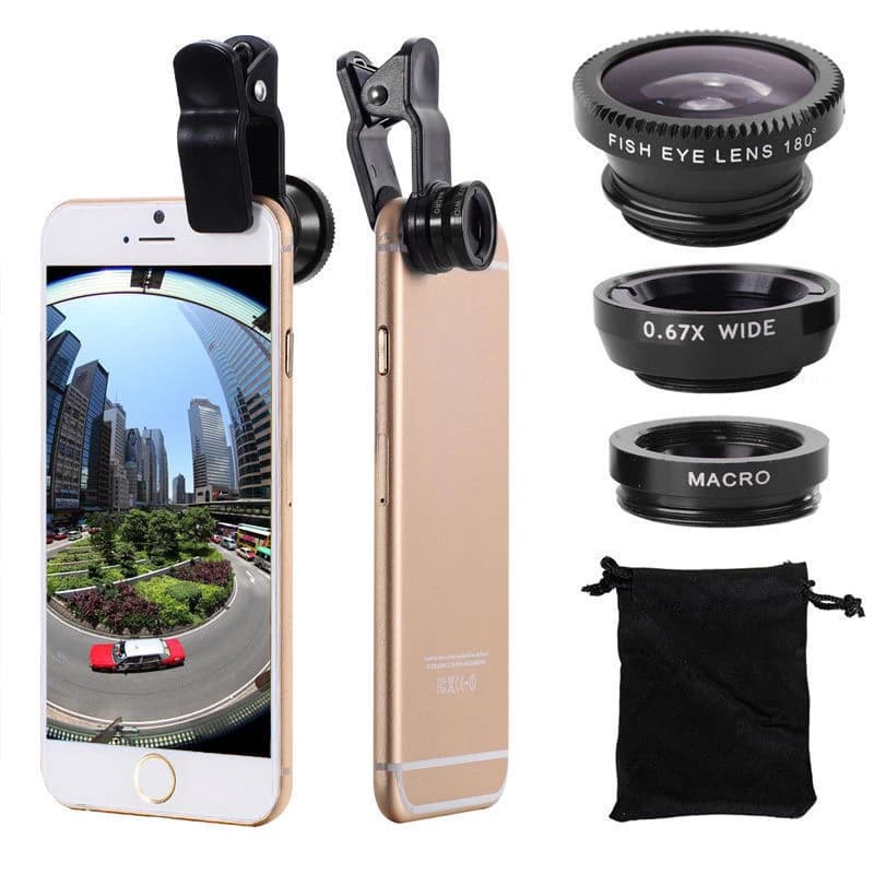 Objectif Fisheye pour téléphone portable, 3 en 1, grand angle, appareil photo Partenaires, yeux de poisson, objectif d'appareil photo avec clip, iPhone 12, 11, Samsung, Huawei