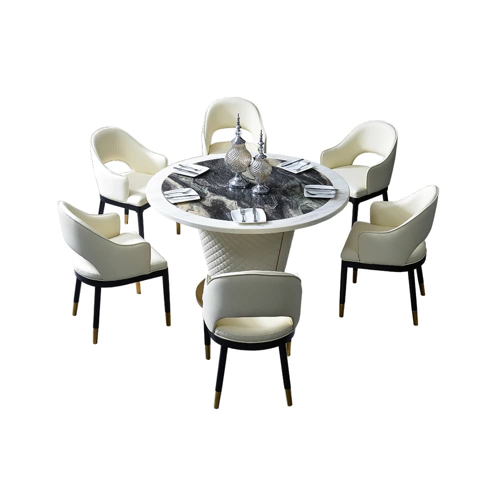 Ensemble de table à manger moderne 7 pièces pour 6 personnes, table à manger ronde en marbre avec 6 chaises rembourrées en cuir véritable, cuisine salle à manger