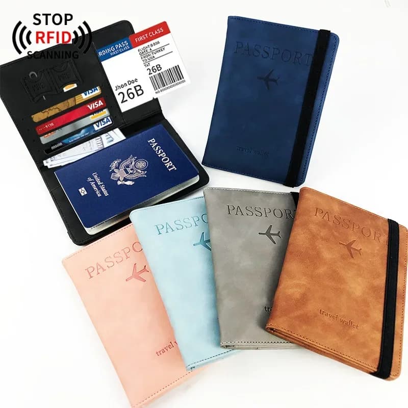Couverture de passeport RFID en PU, portefeuille de carte d'identité de crédit, étanche, pour documents d'affaires, porte-passeport, protection multifonction de voyage