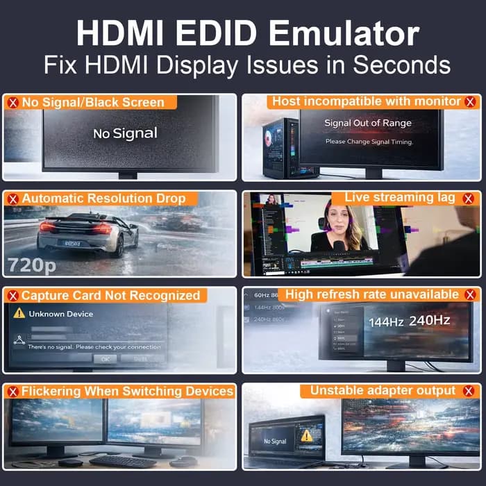 Émulateur HDMI EDID avec fonction de passage de signal, Affichage virtuel 1080p@60Hz, Gestionnaire EDID fiable pour prolongateur HDMI, KVM, récepteur et répartiteur AV