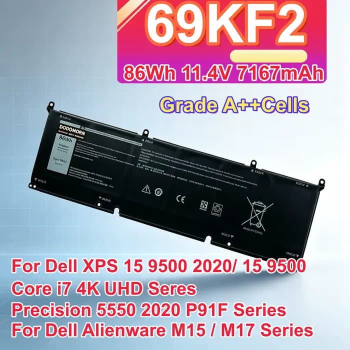Nouvelle batterie d'ordinateur portable 69KF2 pour Dell Alienware M15 M17 R3 R4 R5 R6 R7 XPS 15 9500
