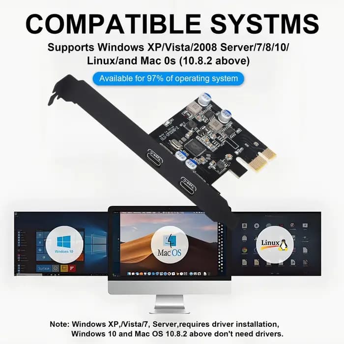 Carte PCIe vers USB C, carte d'extension USB 3.1 Gen 1 Type C à 2 ports pour ordinateur de bureau