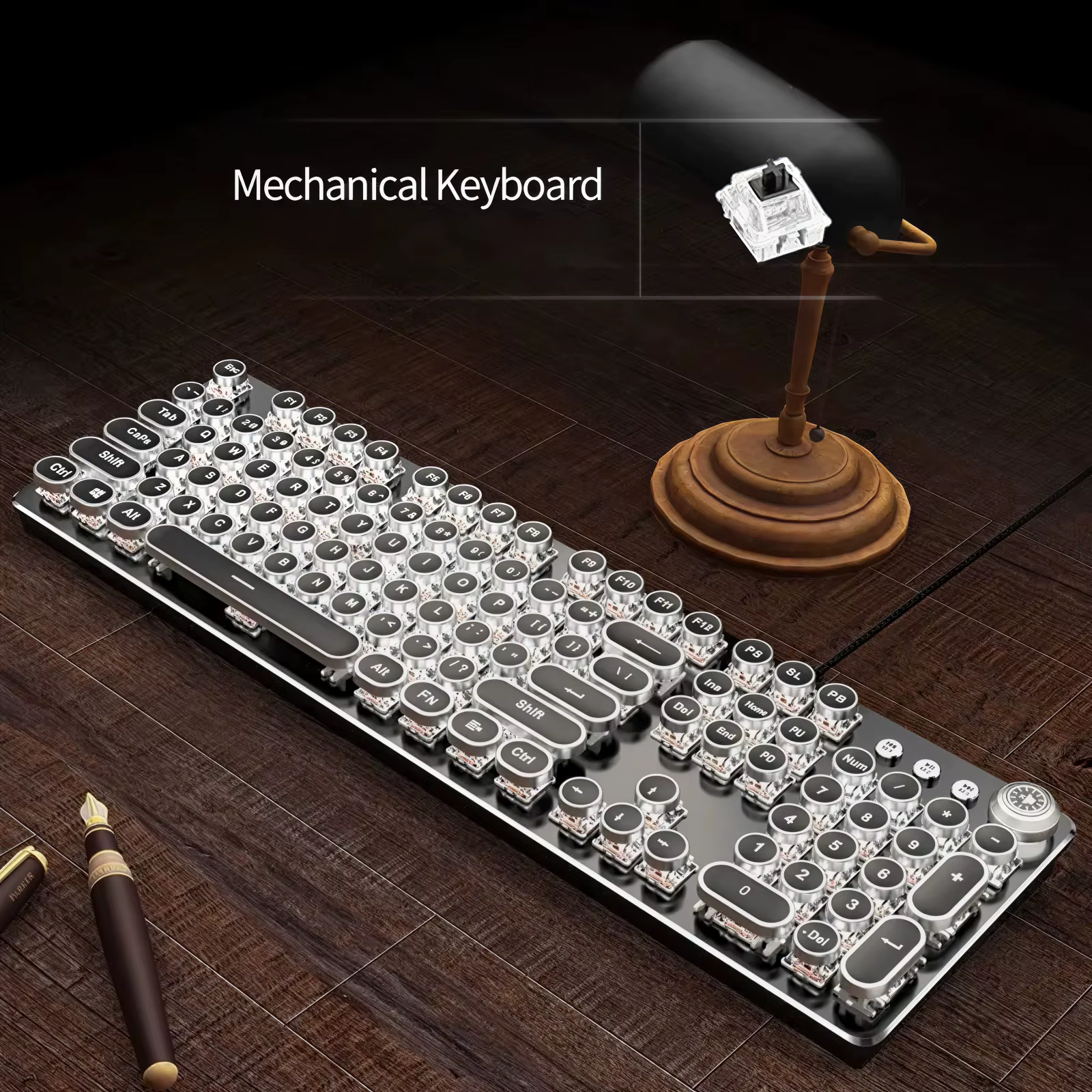 Clavier de jeu mécanique filaire USB, 104 touches rondes, Steampunk, interrupteur noir, rétro, punk,
