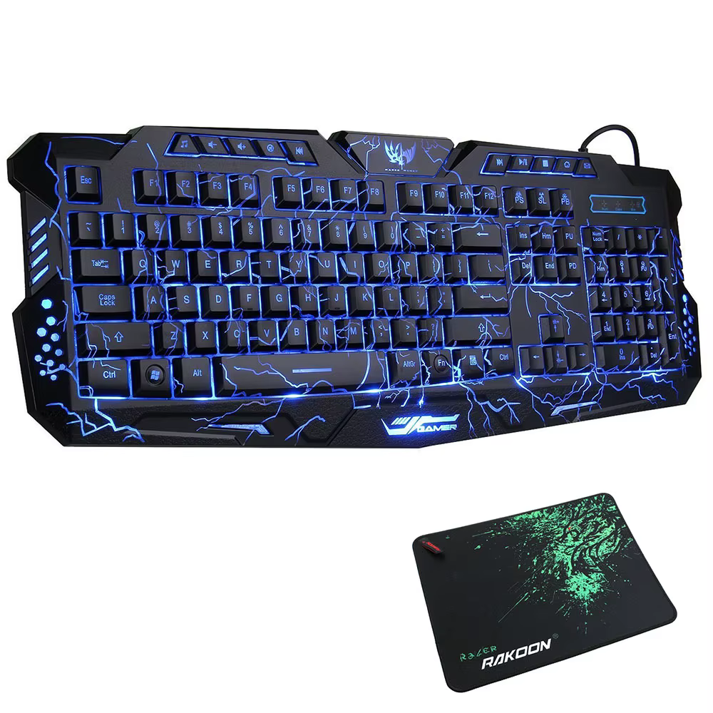 Clavier de jeu mécanique filaire USB avec rétroéclairage LED, 3 documents, rouge, bleu, violet, avec