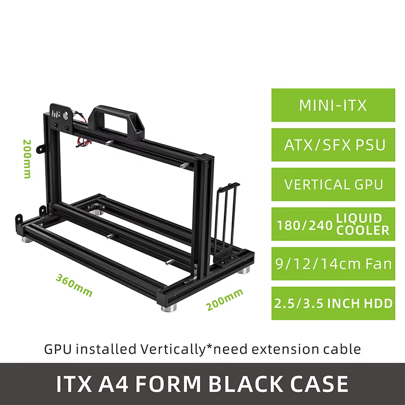 METALFISH Boîtier ITX A4 en aluminium à cadre ouvert, GPU vertical, refroidisseur 240mm, compatible 