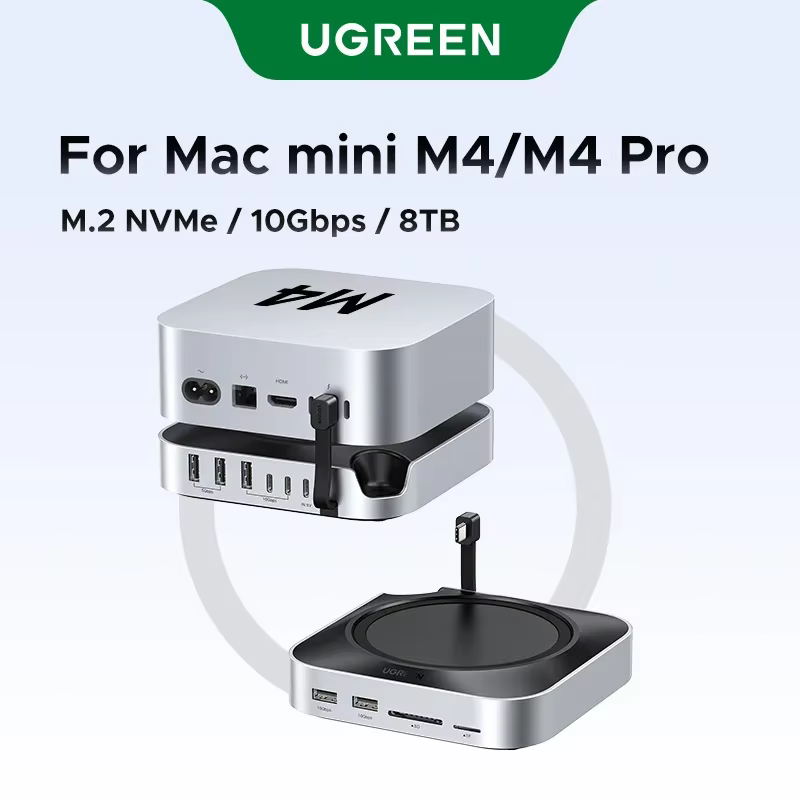 Station d'accueil USB UGREEN pour Mac Mini M4 M4 Pro, SSD M.2 NVMe 8 To max, ports USB-A et C 10 Gbp
