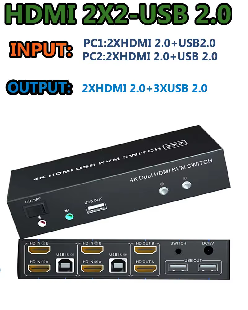 Commutateur KVM HDMI double moniteur 4X2/2X2 commutateur KVM USB HDMI ou commutateur USB HDMI + Disp