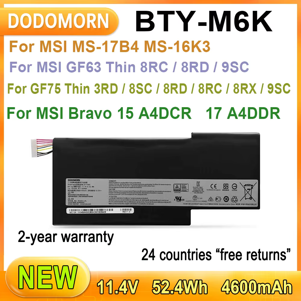 Nouvelle batterie d'ordinateur portable BTY-M6K pour gelée MS-17B4 MS-16K3 GF63 mince 8RC/8RD/9SC GF