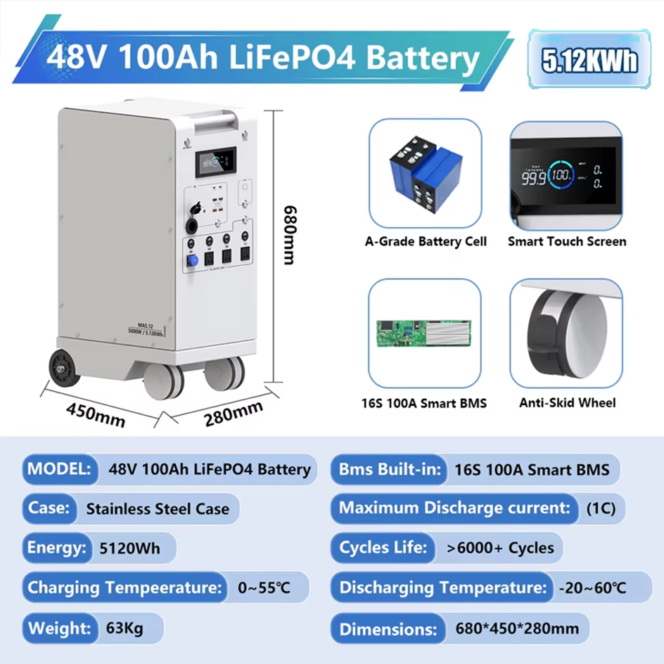 Centrale électrique Portable 5000W LiFePO4, 48V, 100ah, 5kwh, 6000W, onduleur MPPT avec lumière 18W-