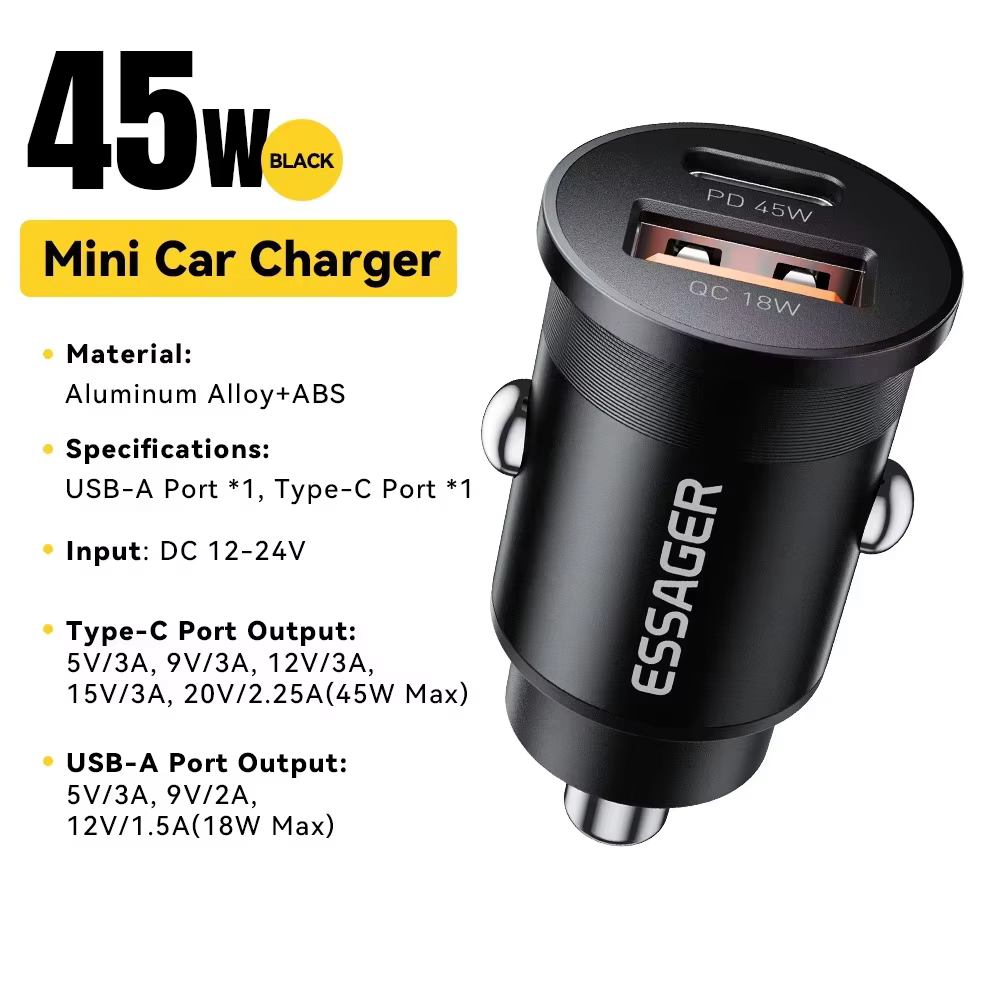 Essager 45W chargeur de voiture charge rapide double Port PD QC3.0 type-c chargeur rapide pour iPhon