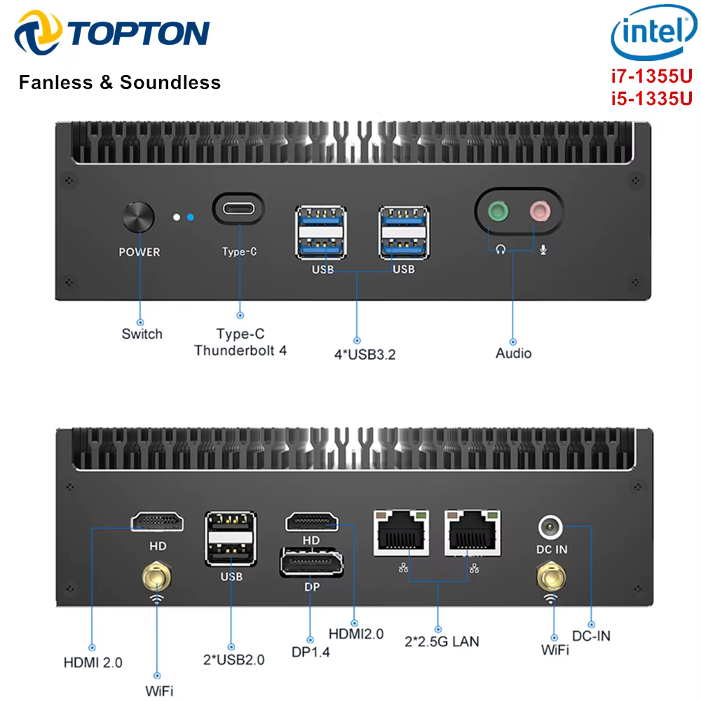 13e génération Intel i7 1355U i5 1335U Mini PC sans ventilateur 2*2.5G LAN PCIE4.0 DDR4 Tunderbolt 4