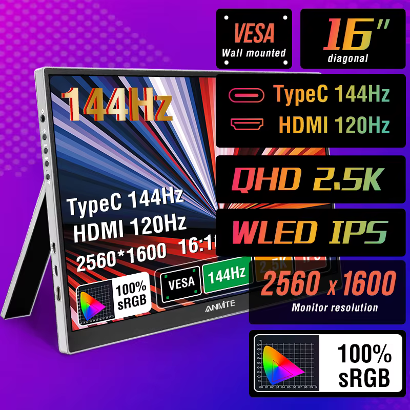 Moniteur de jeu Portable 16 pouces 2.5K, 144Hz/120Hz, 500cd/m, faible lumière bleue pour XBox PS4/5 