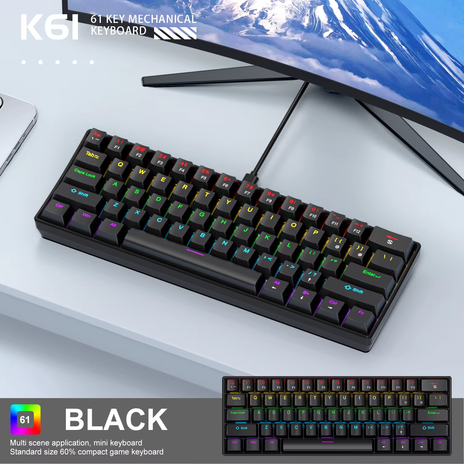 Clavier Mécanique APAYADO K61 60% Filaire RGB Phantom, 61 Touches, Interrupteur Rouge/Bleu, Ergonomi