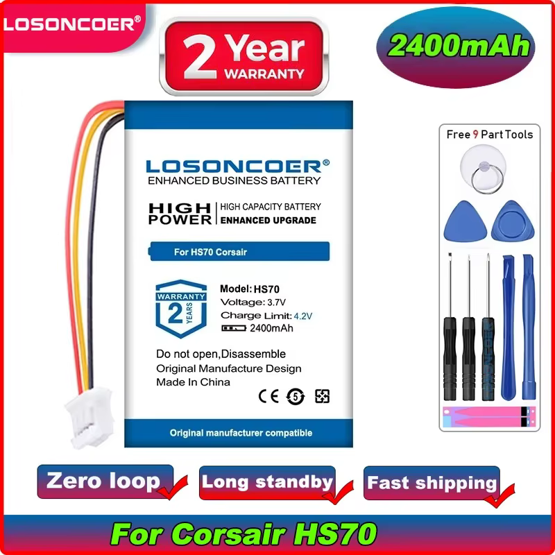 LOSONCOER 2400 mAh batterie Lipo polymère pour Corsair HS70, RDA0031 RDA0034 HS70 Pro casque de jeu