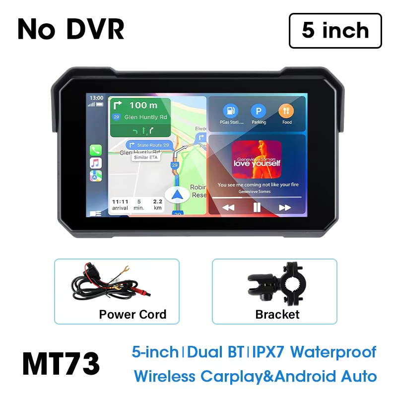 Navigation GPS portable pour moto, 5 pouces, Bluetooth sans fil, Carplay, Android Auto, moniteur de