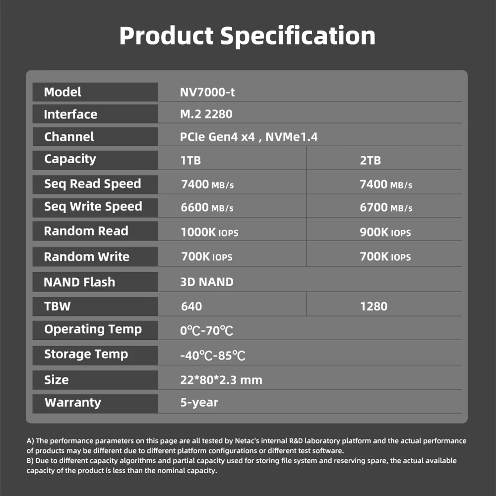 Netac 7400 mo/s SSD NVMe 4 to 2 to 1 to 512 go ssd M.2 2280 PCIE4.0x4 disque dur à semi-conducteurs