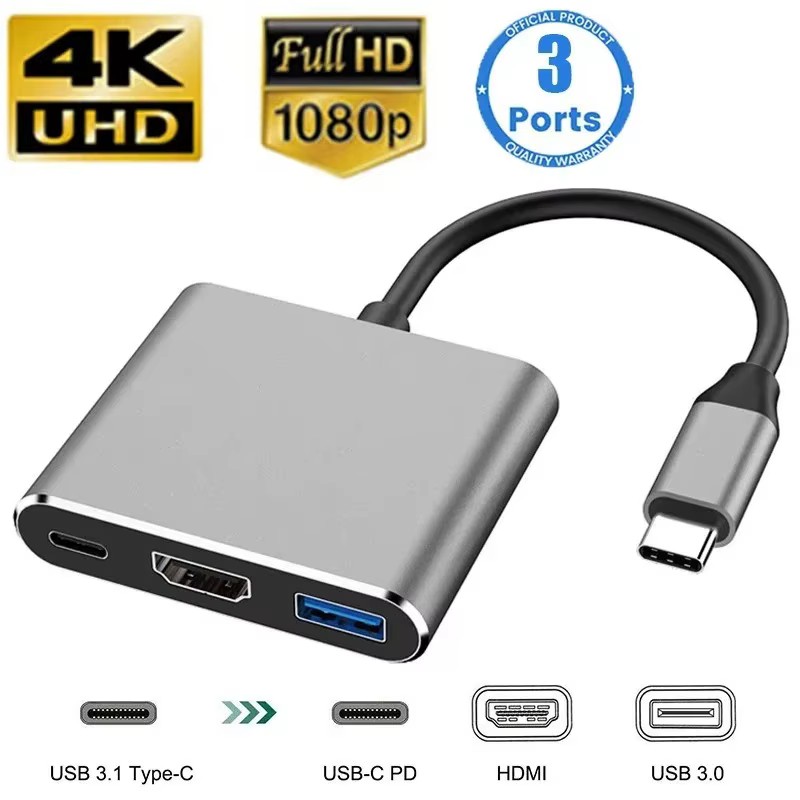 Station d'accueil USB C HUB 3 en 1 Type C 3.0 vers HDMI, Charge rapide PD, adaptateur HDMI 4K, sépar