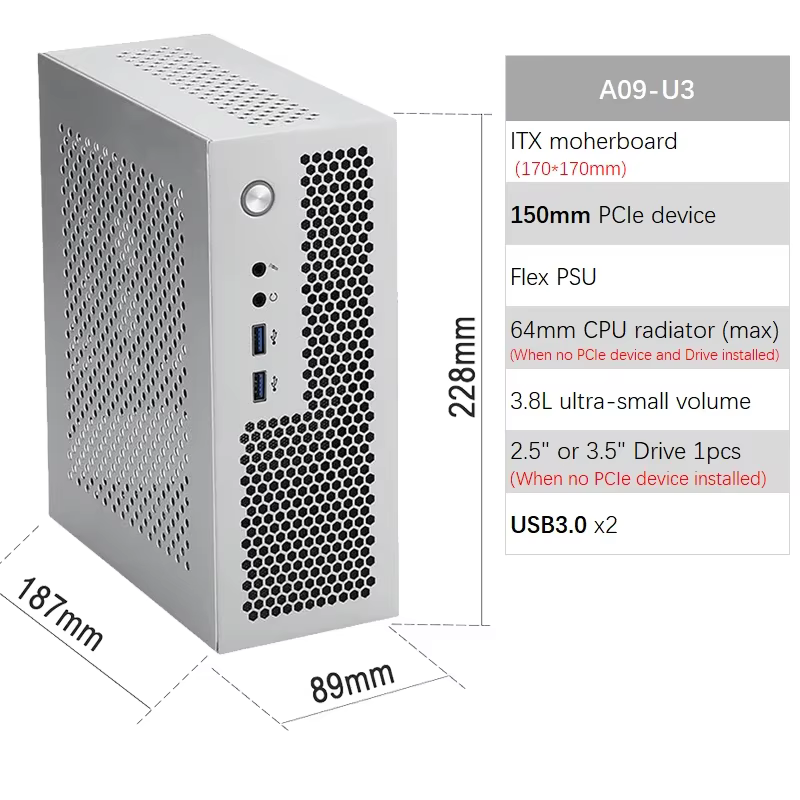 A09 3.8L ITX châssis A4 HTPC ordinateur Portable PC Support PCIe 2.5'SSD lecteur Mini IPC Flex PSU b