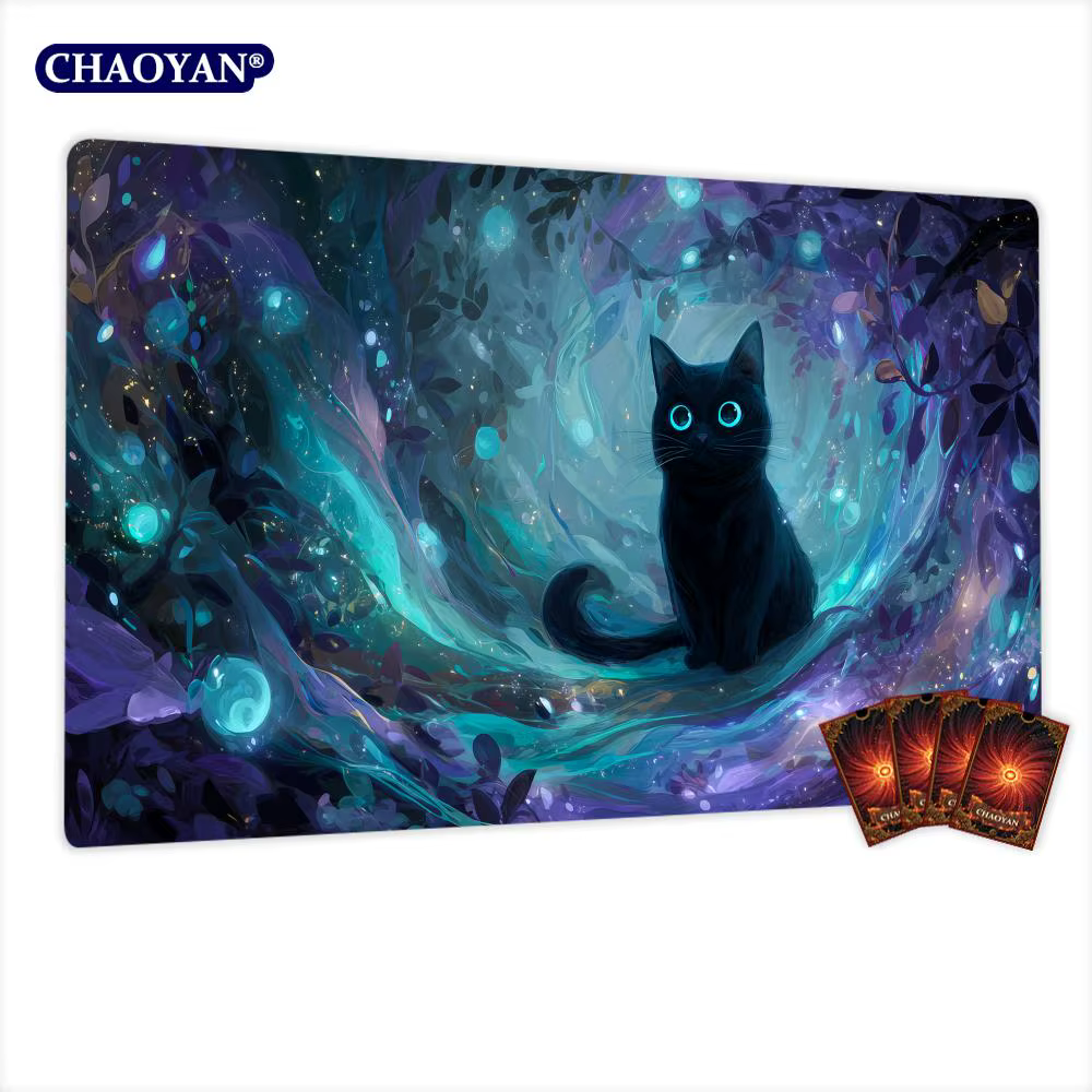 Tapis de jeu Magic The Gathering (MTG) motif Chat Noir Mystérieux, base antidérapante 35x60CM, pour