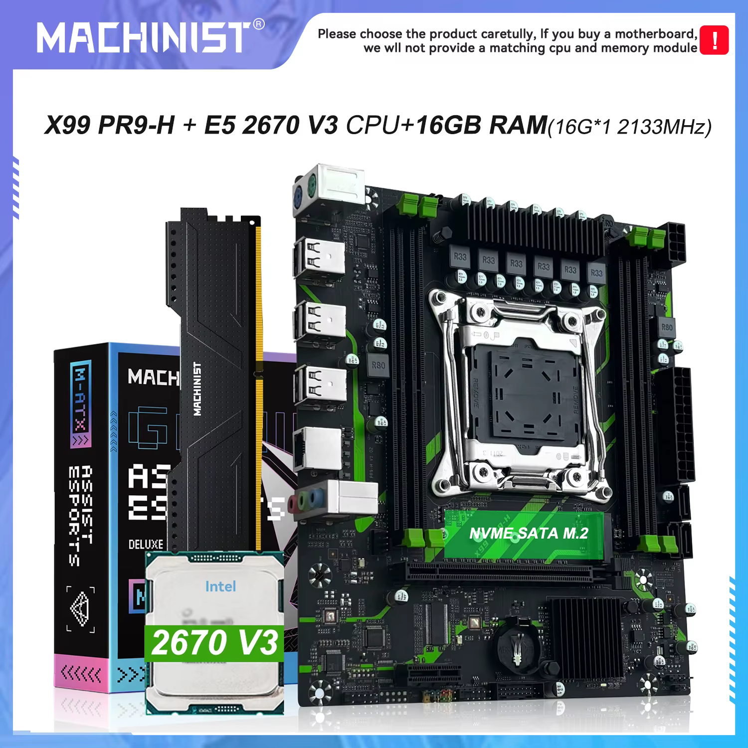 Carte mère PR9-H MACHINIST X99 LGA 2011-3, ensemble combo en option, processeur Xeon E5 2670 V3, 16 