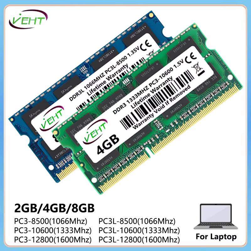 VEHT DDR3 DDR3L 2GB 4GB 8GB SODIMM mémoire Ram 8500 10600 12800 204Pin PC3 1.5V PC3L 1.35V 1066 1333