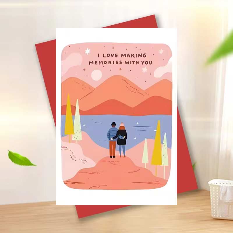 Carte romantique pour couple, citation « J'aime créer des souvenirs avec toi », art de paysage monta