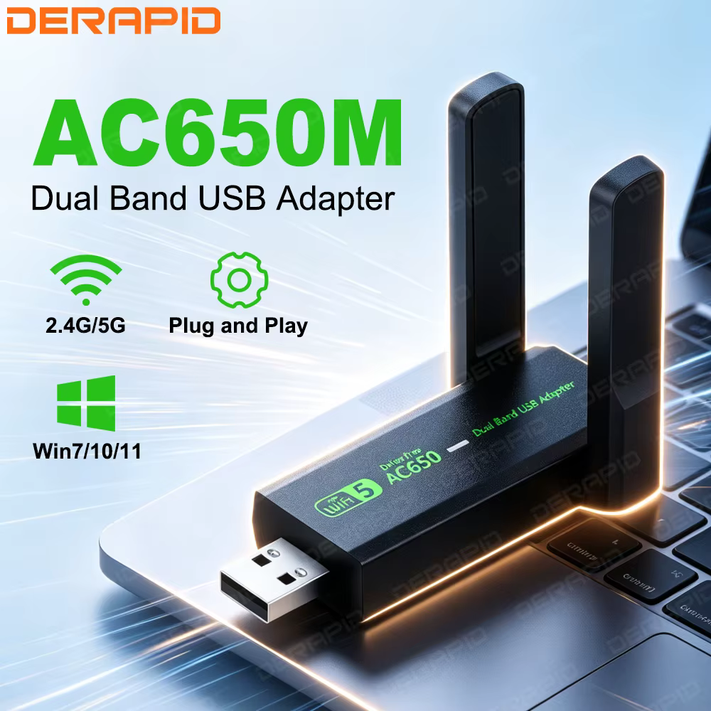 Adaptateur WiFi USB AC650 double bande 2,4 GHz 5 GHz, carte réseau haute performance pour PC portabl