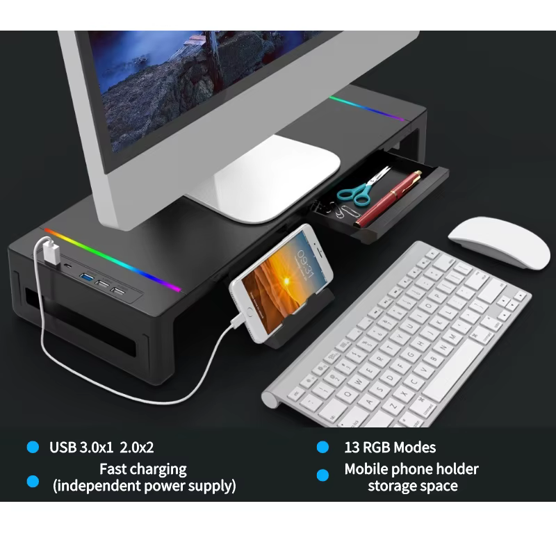 Support de moniteur d'ordinateur multifonctionnel, avec éclairage RGB et Interface de charge rapide,