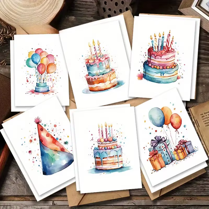 Carte de vœux d'anniversaire à l'aquarelle avec gâteau, écriture manuscrite, vœux d'anniversaire, ca