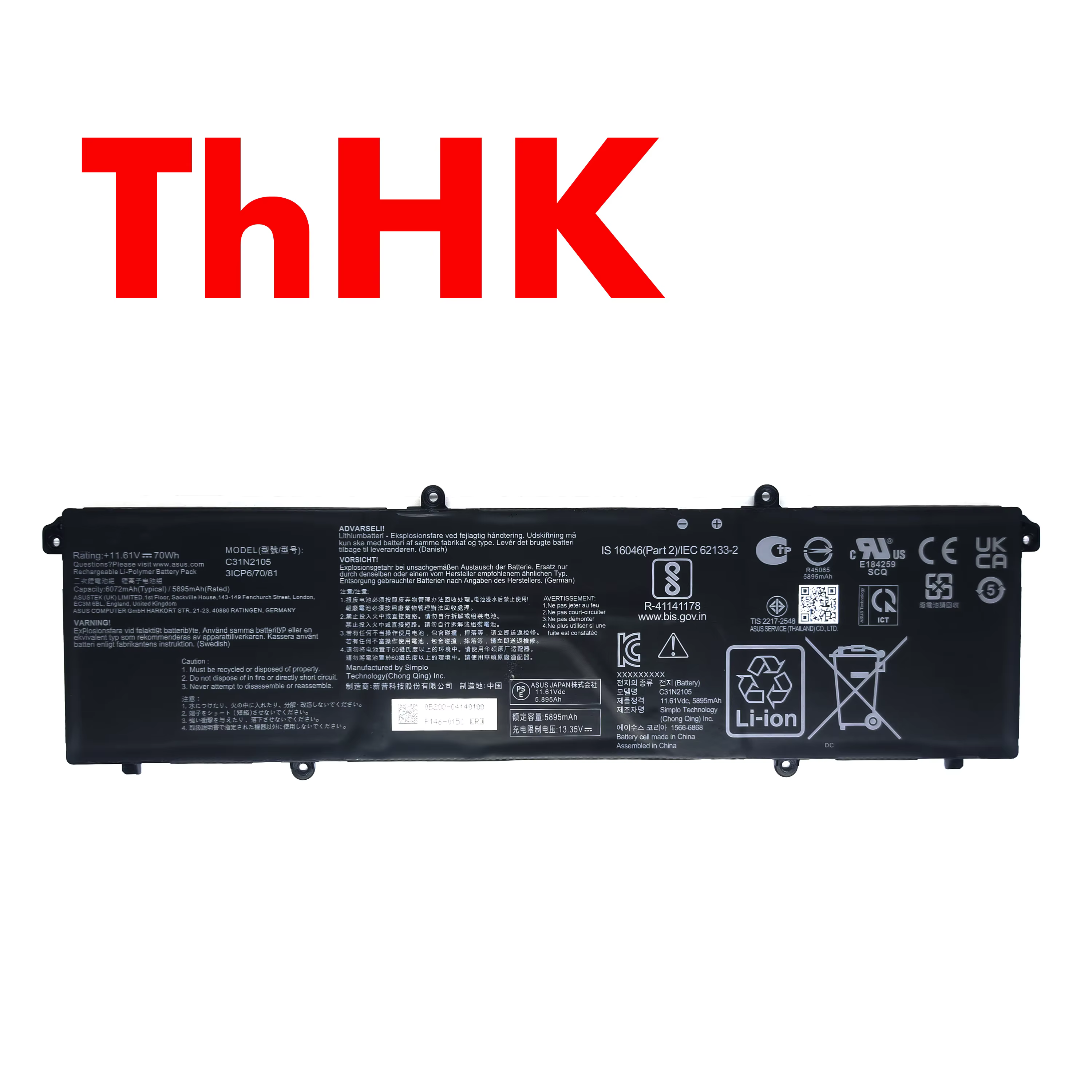 Batterie d'origine pour ASUS Vivobook, 70Wh, C31N2105, 14X, 15X, 16X, ZenPle14X, UX3404VA, UX3404VC,