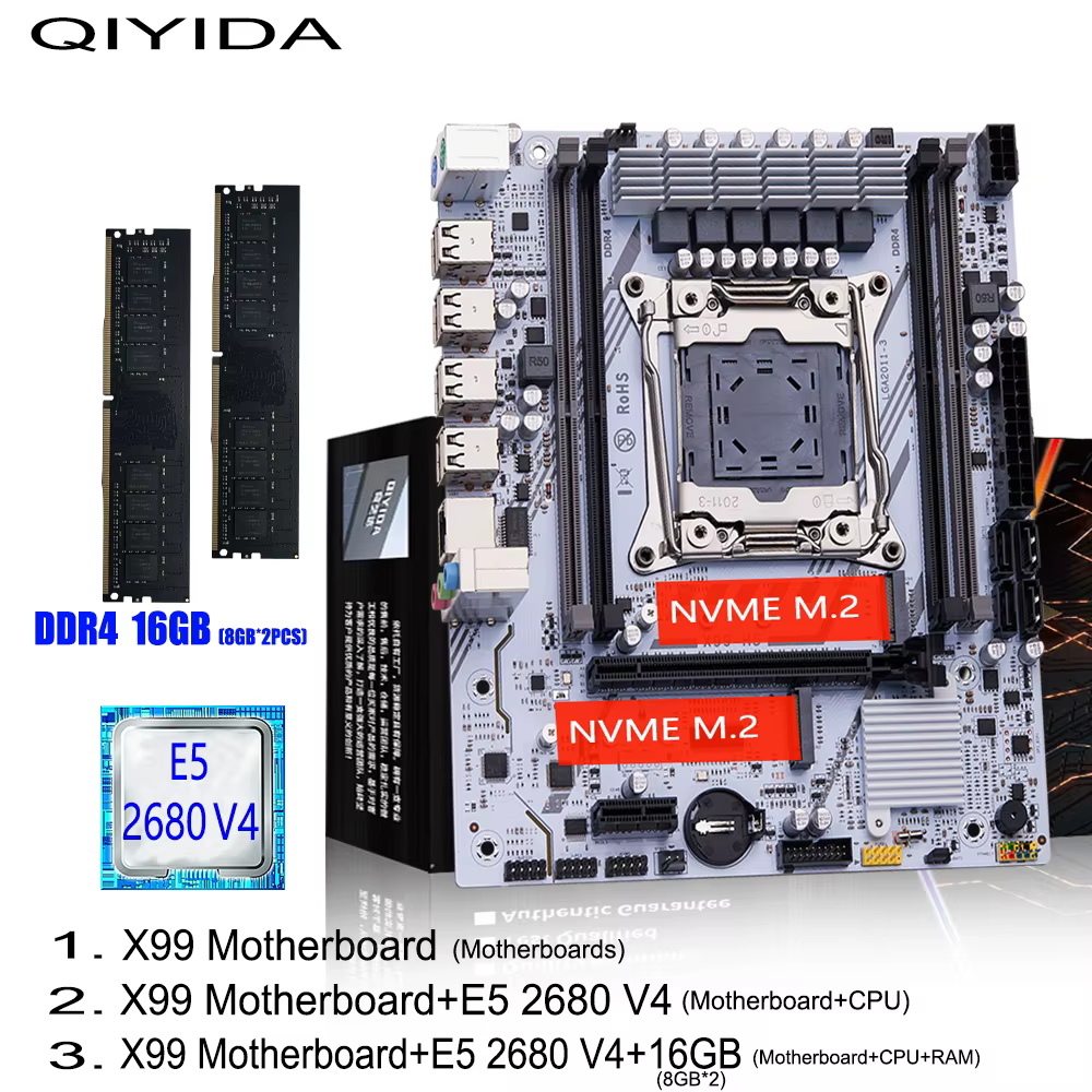 QIYIDA X99 Kit de carte mère LGA2011-3 Xeon E5 2680 V4 DDR4 16GB (2x8gb) PC4 SATA PCI16x3.0 NVME M.2
