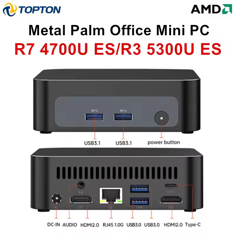 Mini PC de jeu Topton Palm, AMD Ryzen 7 4700U ES 3 5300U ES, 2*DDR4, 2*emplacements M.2, PC de burea