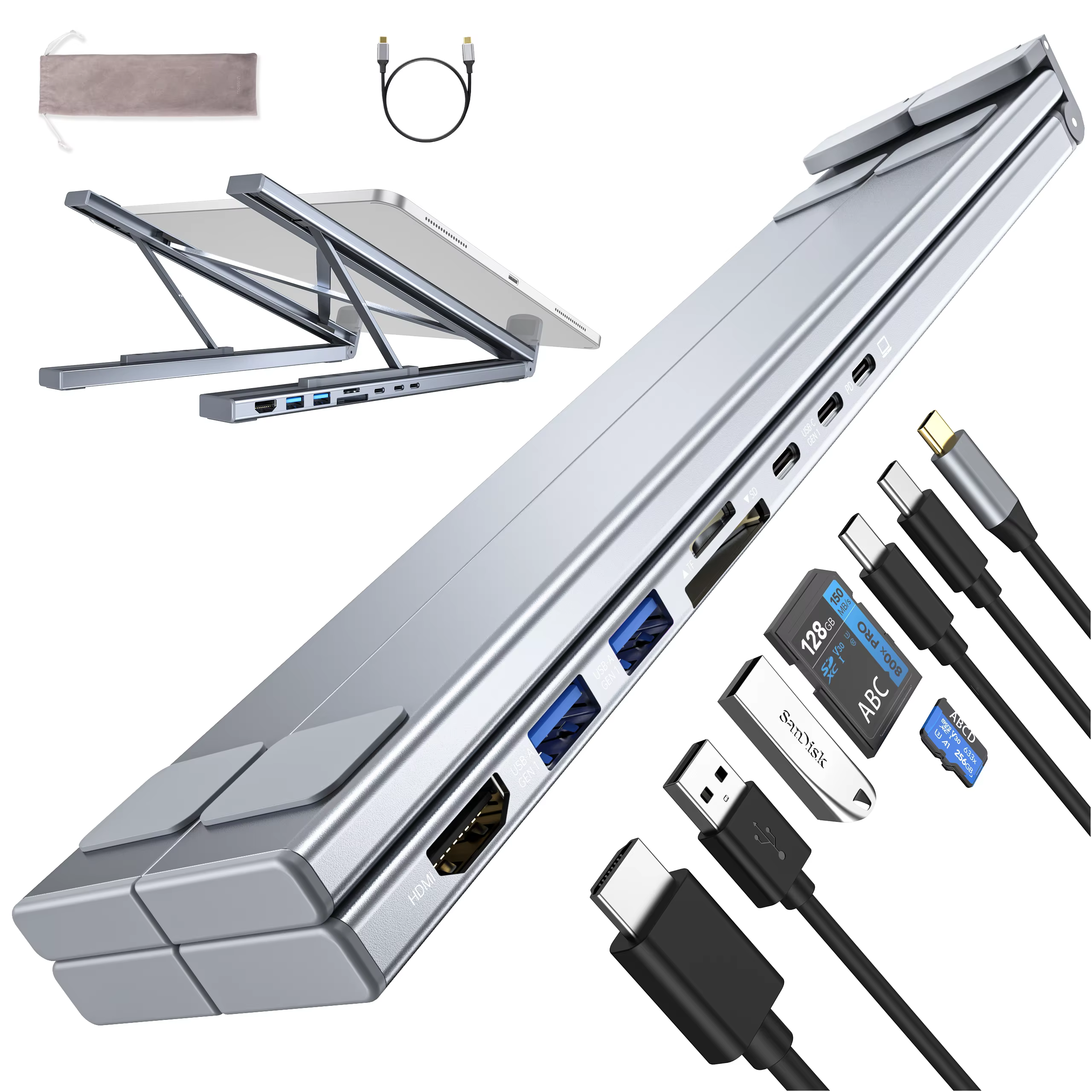 Station d'accueil pour ordinateur portable USB C 8 en 1 avec USB C, 2 USB 3.1, ports pour cartes SD