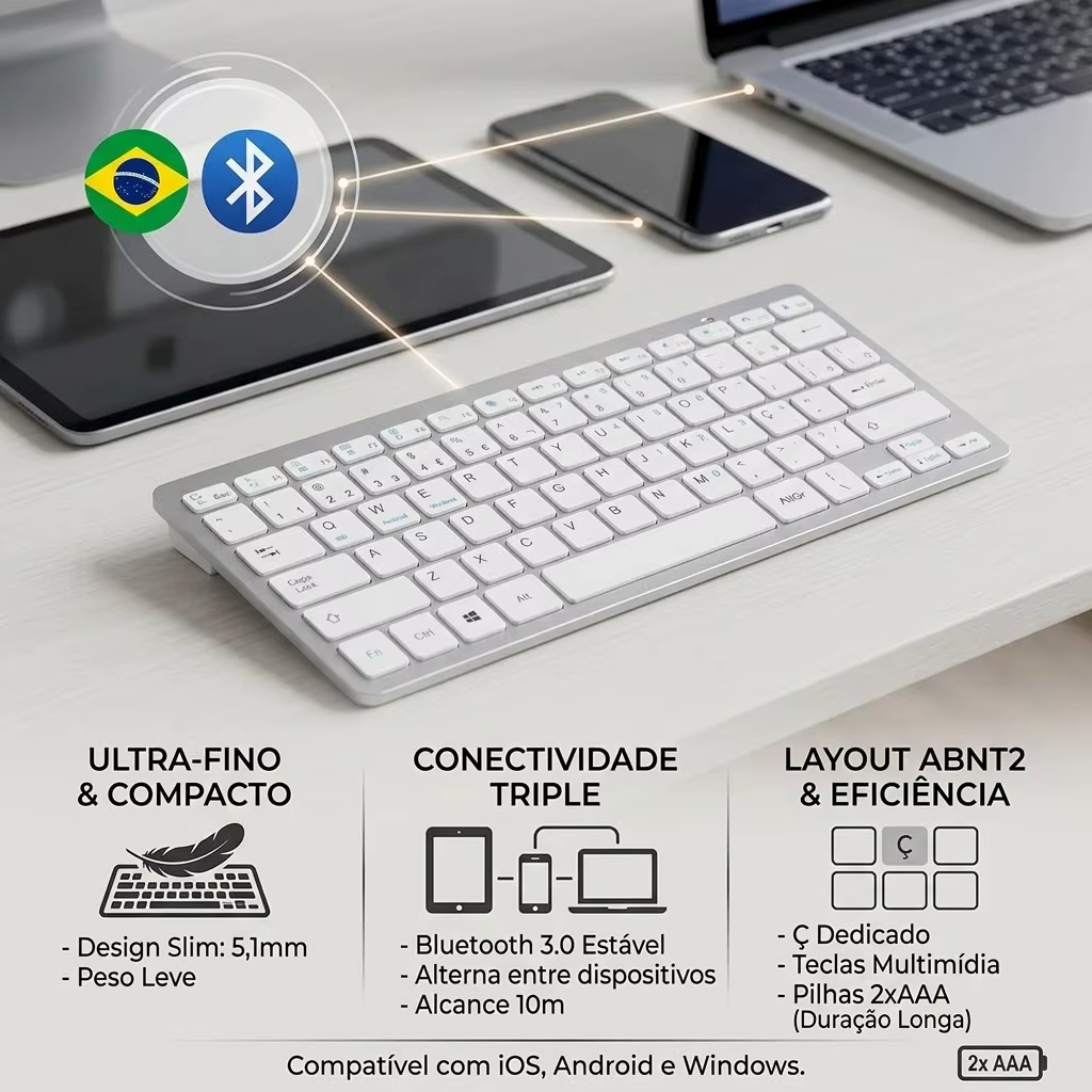 Clavier Bluetooth portugais (Brésil) sans fil, portable, ultra fin, silencieux, pour Mac, iPad, iPho