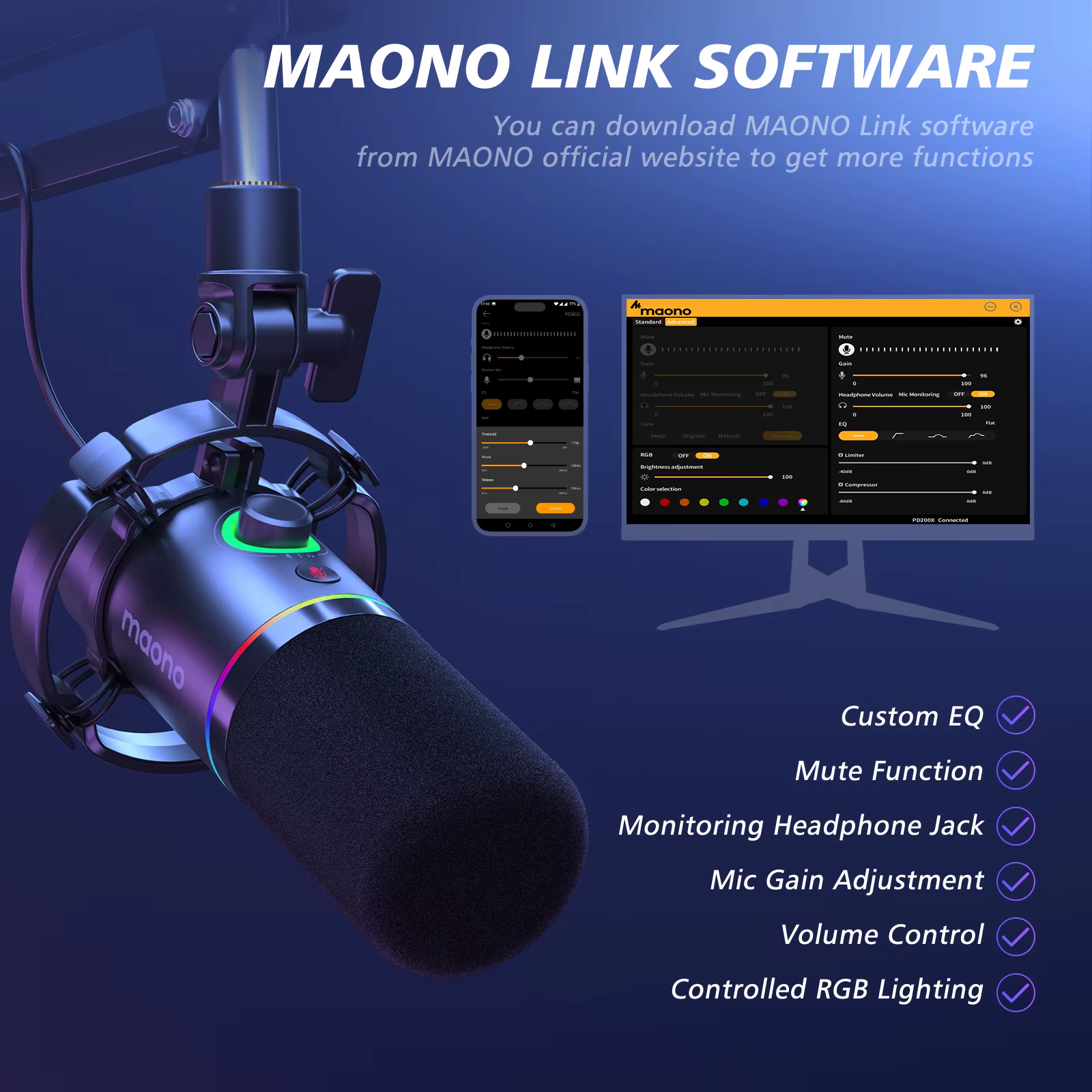 Microphone dynamique Maono PD200XS XLR/USB double mode, micro pour podcast avec logiciel Maonolink e