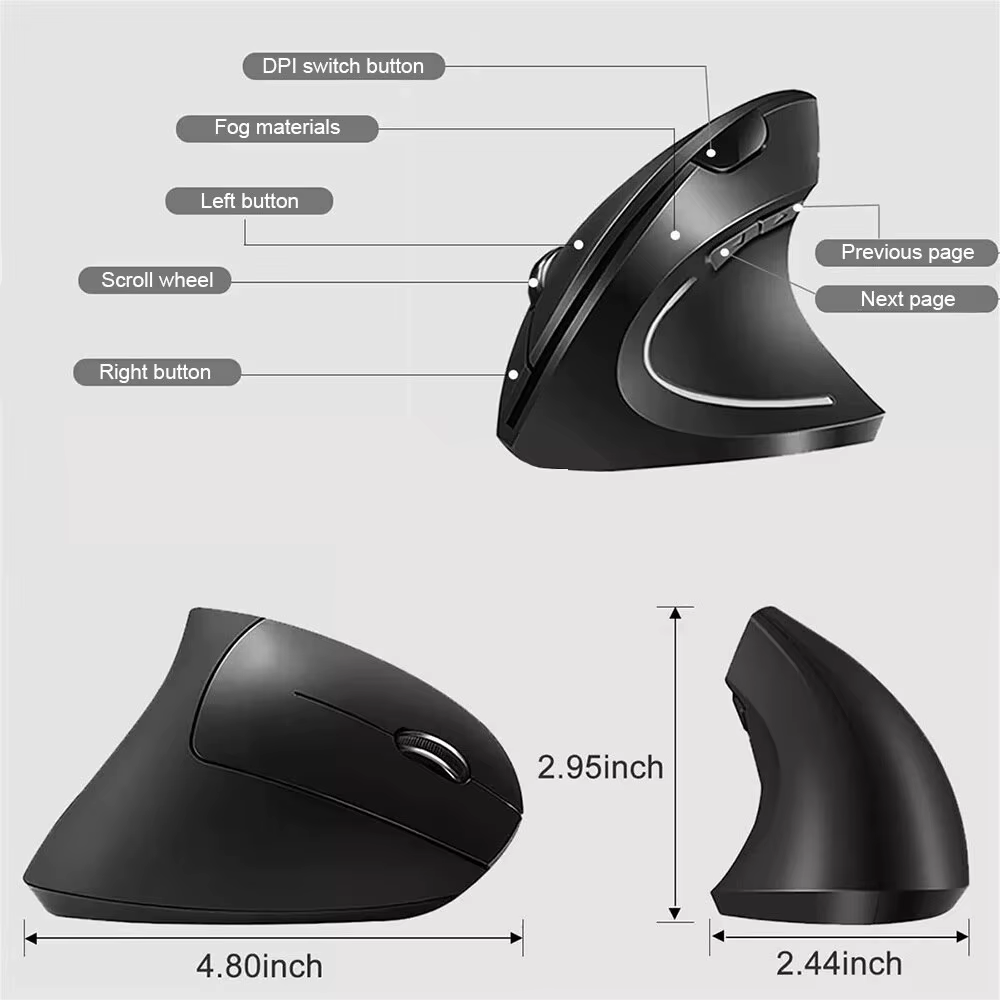 Souris verticale sans fil Bluetooth 800 1200 1600 DPI 6 boutons poignée latérale personnalisée ergon