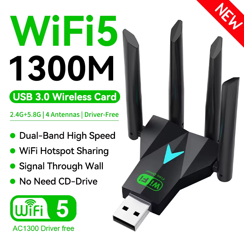 Récepteur sans fil pour PC et ordinateur portable, bande touristique, adaptateur USB WiFi, 1300Mbps,