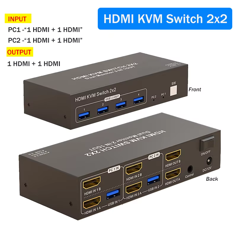 Commutateur KVM HDMI pour moniteur touristique, 2x2, 4K, 60Hz, Displayport, USB 3.0, écran arc-en-ci