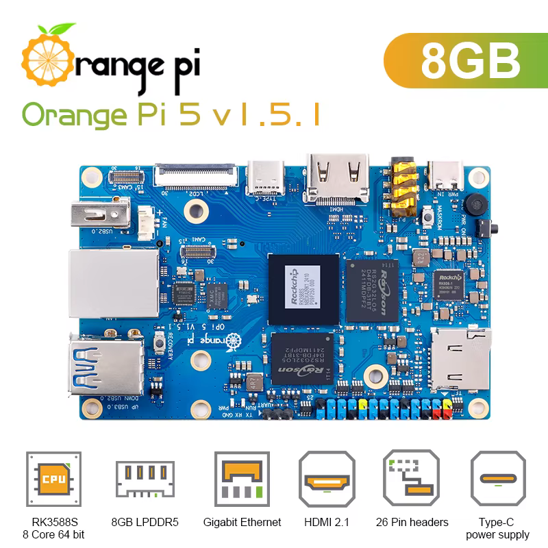 Orange Pi 5 8GB V1.5.1 RK3588S LPDDR5 Ordinateur monocarte, exécute Android Debian OS