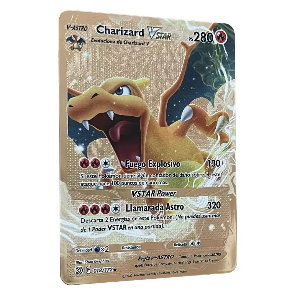 Cartes métalliques Pokemon en espagnol Pikachu Arceus Charizard, carte Flash de commerce à faire soi