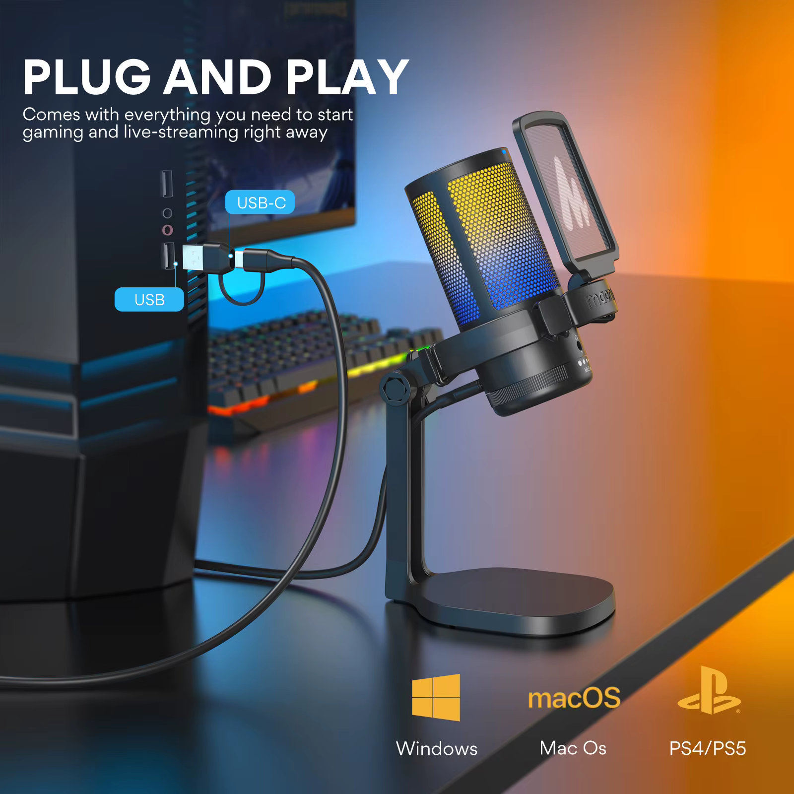 Microphone de jeu Maono DGM20, microphone USB à condensateur, micro de jeu RGB avec logiciel de rédu