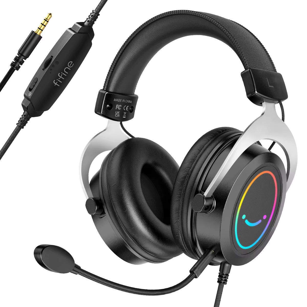 FIFINE-Casque de jeu RVB avec contrôle de ligne et poignées, micro amovible, 3.5mm, supra-auriculair