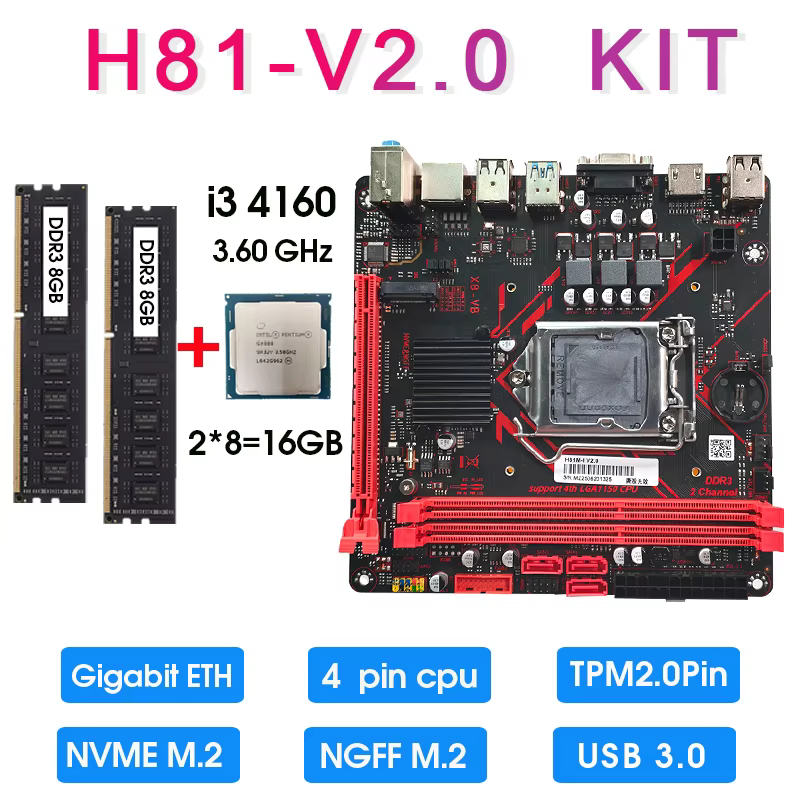 Kit combo carte mère Mini ITX H81 LGA 1150 avec processeur I3 4160 et 16 Go de mémoire DDR3 1600 MHz