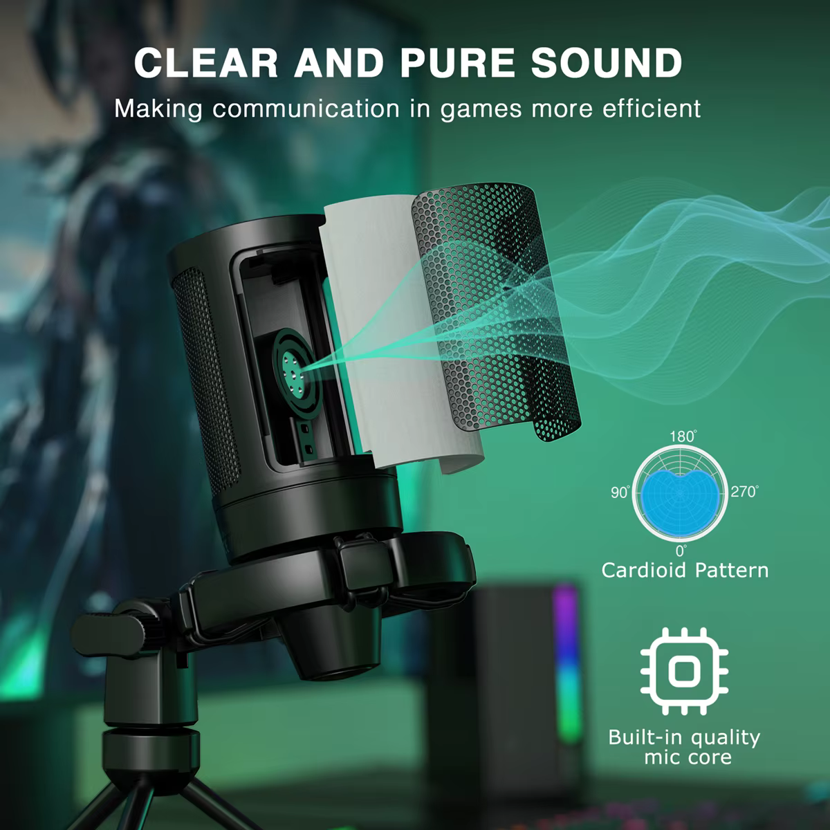 AmpliGame par FIFINE RGB USB Microphone de jeu avec sourdine tactile, micro à condensateur avec trép