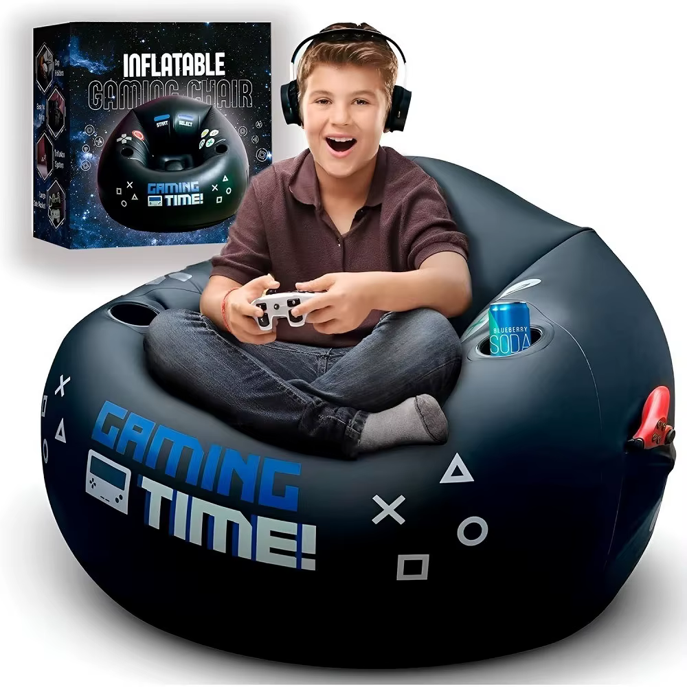 Fauteuil de gaming avec porte-gobelet et poches latérales, mobilier gonflable pour gamer, style noir