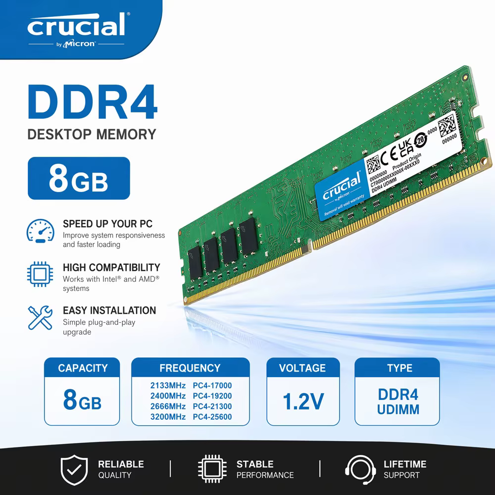 Mémoire RAM Crucial pour ordinateur de bureau DDR4 8 Go 3200 MHz 2400 2133 2666 MHz DIMM 288 broches