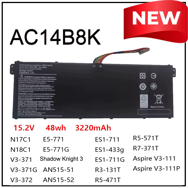 Batterie d'ordinateur portable AC14B8K 15.2V 3220mAh pour Acer Aspire 5 AN515-51 AN515-52 AN515-53 V