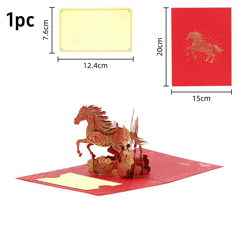 Carte de vœux Pop-Up 3D année du cheval 2026, feuille d'or, Design cheval, carte du nouvel an, bénéd
